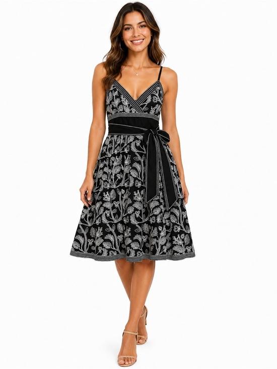 Studio M Dresses & Skirts - Studio M Petite Black White Embroidered Cotton Sundress SP Tie Waist Boho Sash